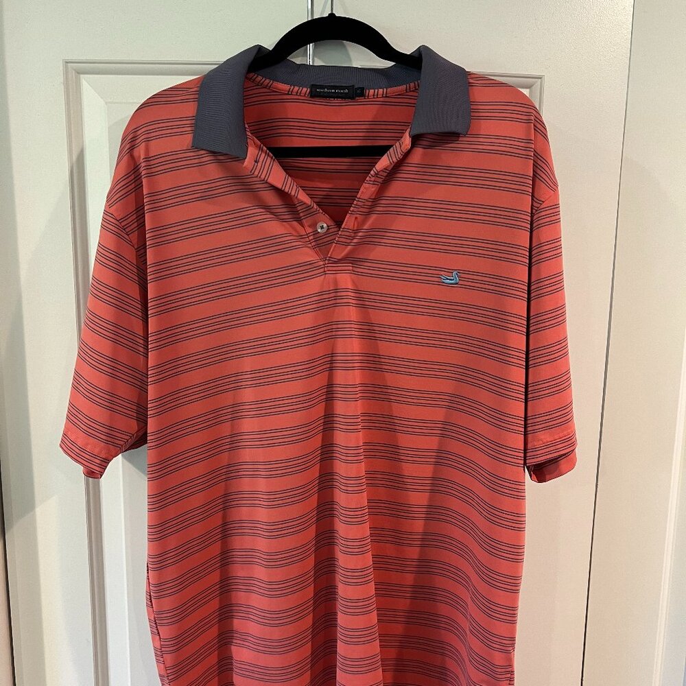 Southern Marsh Striped Polo Shirt - Coral/Blue, Size XL